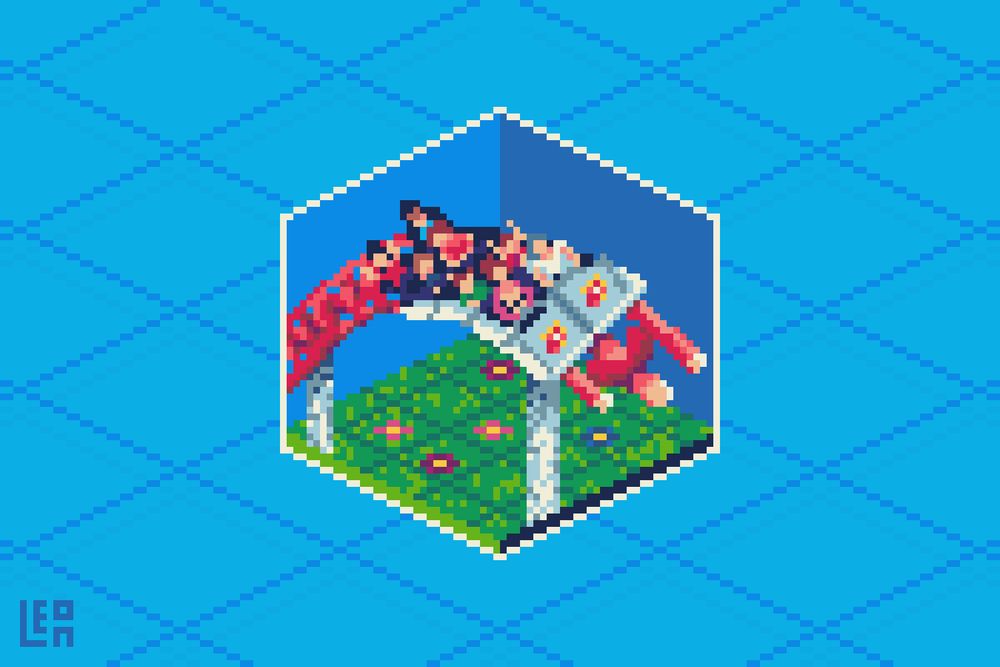 Isometric pixel art depicting people on a roller coaster curving into the frame.