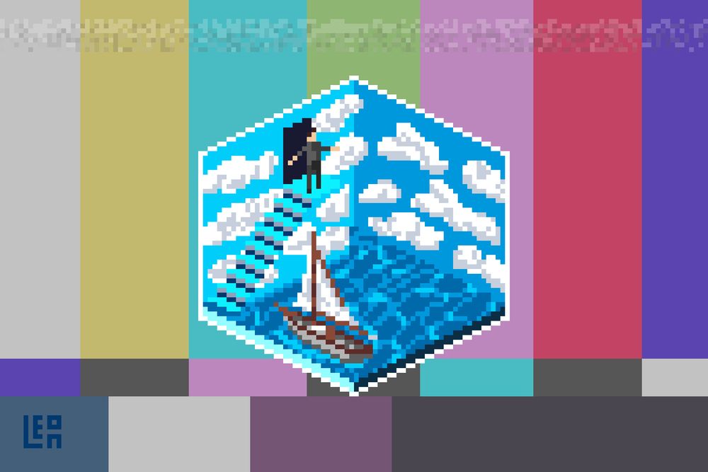 Isometric pixel art depicting the final scene from the movie, The Truman Show. A man is at the top of some steps outside a doorway. He's about to take a bow and leave. At the bottom of the steps is the water with a small sailboat.