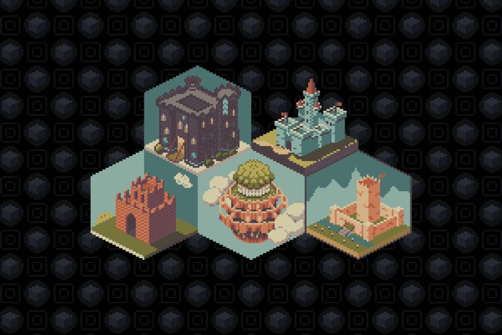 A pixel art collaboration from five artists, all depicting different castles. They shared a shared color palette and template.