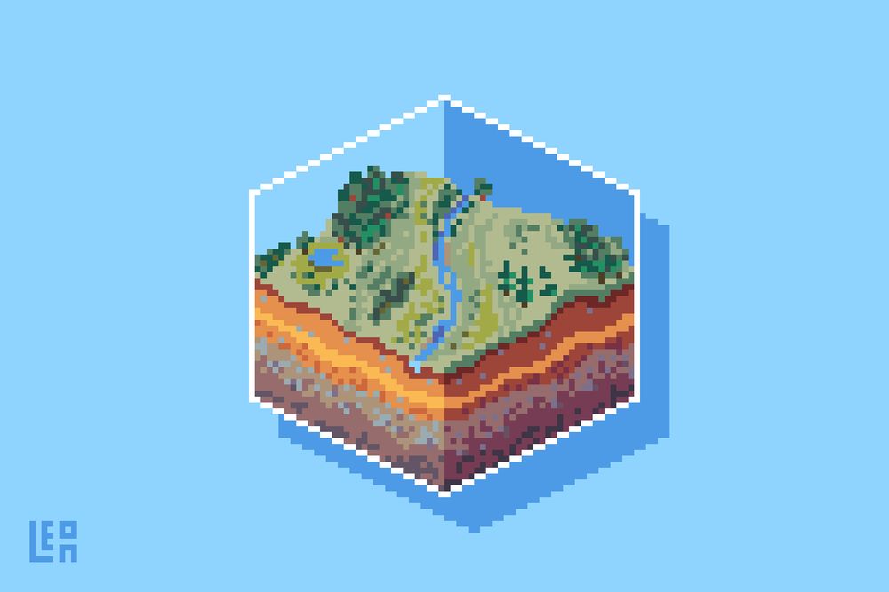 Isometric pixel art depicting a little cross-section of the planet. There's a river flowing through the top with various trees and foliage. Under it, you can see various layers of soil and rock.