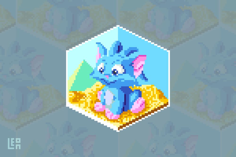 Isometric pixel art depicting a blue "acara" virtual pet from the Neopets website. It's sitting in the sands with a pyramid in the distance.