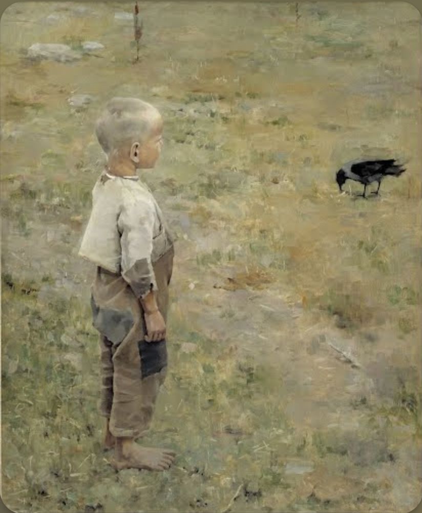 Boy with a Crow has made people wonder how the 19-year-old Gallen-Kallela, who had never been to France, could paint such a picture in the manner af Parisian realism. His stylistic inspiration has obviously been the art of Jules Bastien-Lepage, admired by most young Finnish painters of the time. Actually Gallen- Kallela had taken private lessons the previous winter from Albert Edelfelt, who lived Paris and had been the source of these influences of outdoor realism. The subject of the painting is the character of this peasant boy, whom the artist knew from before. Gallen-Kallela has said that the secret of his success with the painting was leading the boy to believe he could tame the crow by sprinkling salt on its tail feathers.