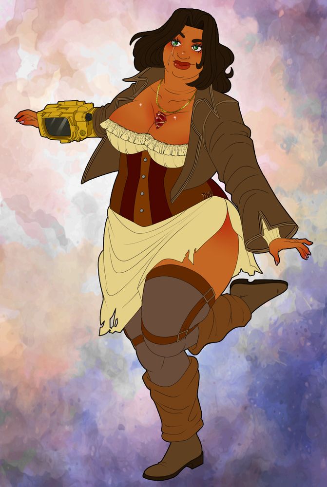 A digital painting of a darker skinned woman wearing a brown corset, yellow skirt and low cut bodice, and a golden pip boy from the Fallout Franchise. She is smiling and has her left leg raised up behind her. 