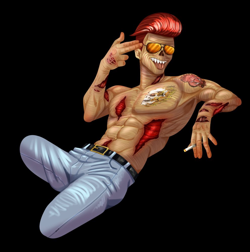 A digital painting of a ghoul OC. He is sitting back with a cigarette in one hand and his other pointed towards his head like a gun. He is wearing sunglasses and is shirtless, with a tattoo of a flaming skull on his chest, and a screaming boar with "Blood Boar" around it on his left arm. 