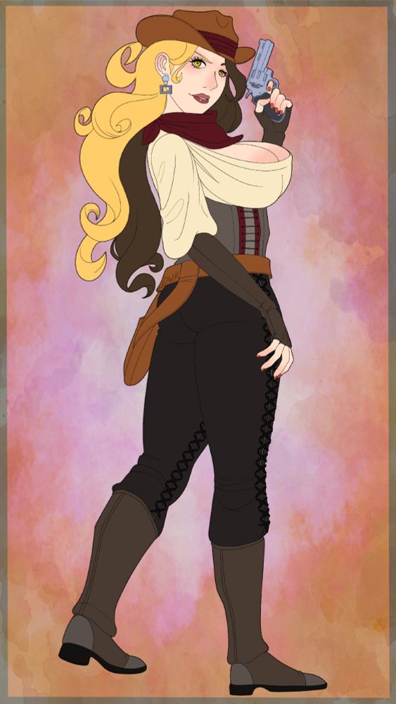 a digital painting of a busty woman wearing leather. She has two toned hair, one side blonde, the other brown and she is wearing a brown cowboy hat. She is turning to face the camera with a revolver held in her hand. 