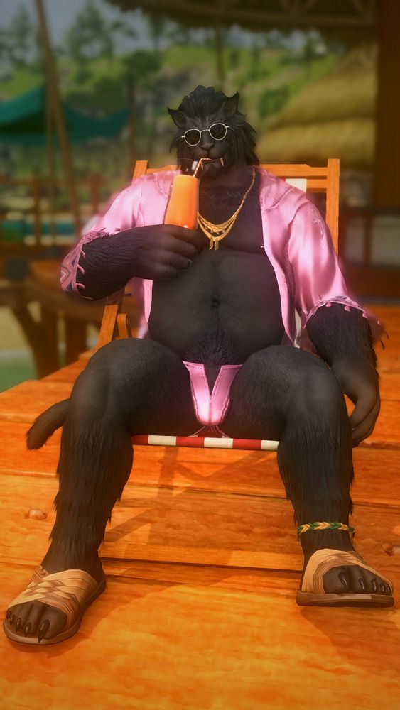 A hrothgar sitting in the sun on a lounge chair in a resort. He's wearing sunglasses, a loose cover-up, swim briefs, and sandals. He's sipping on a tall, fruity drink through a straw. | #vik-pose