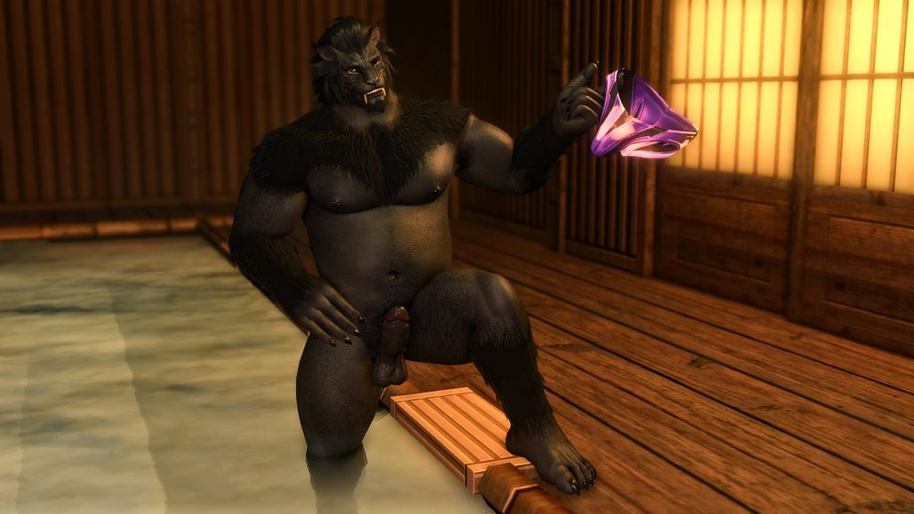 The hrothgar now standing nude along the edge of an onsen-style bath. He has one foot stepped out of the bath onto the seating edge. He's swinging the pair of the swim briefs he was just wearing on a finger while giving a toothy grin and wink towards the viewer. | #vik-pose