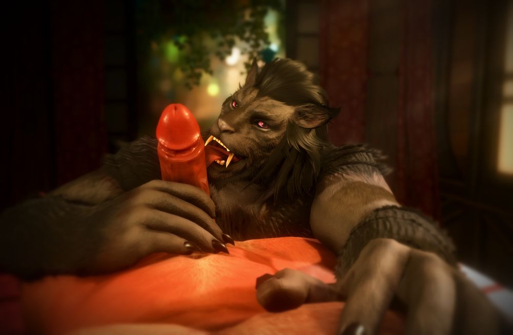 A POV shot from the eyes of someone lying on a bed, looking down at a hrothgar engaging in oral foreplay with the viewer. The hrothgar is giving a big open smile (as best he can) towards the viewer as he holds the viewer's hard cock while giving it a lick. | #vik-pose