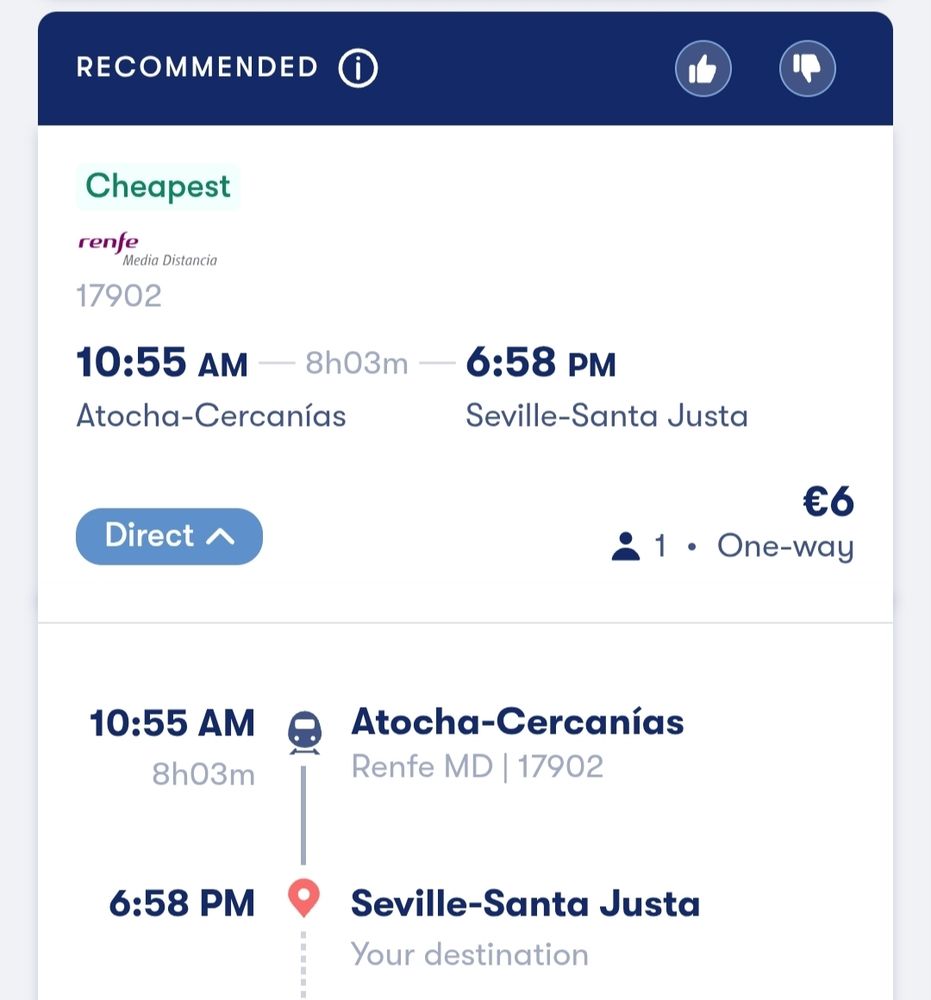 Captura de una web de compra de billetes de tres. Un trayecto Madrid-Sevilla (presuntamente directo) de 8 horas de duración por 6€