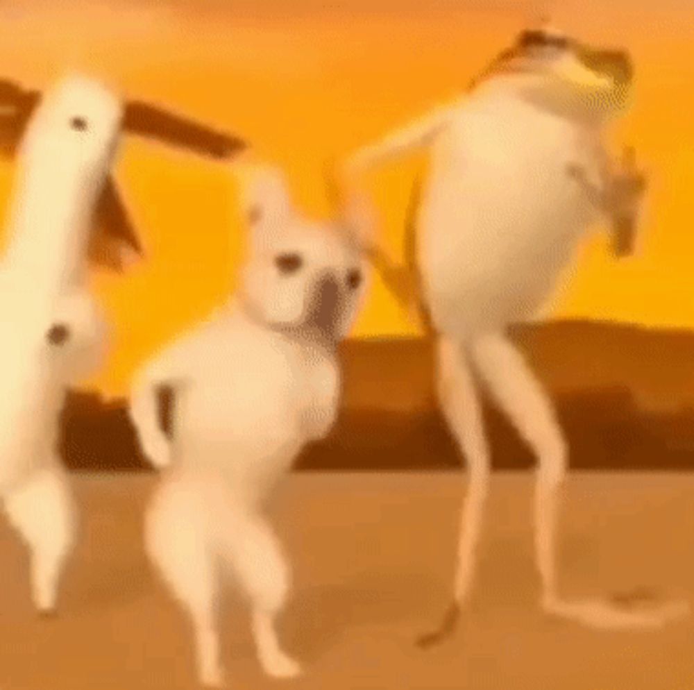 a group of white animals are dancing together in a cartoon .