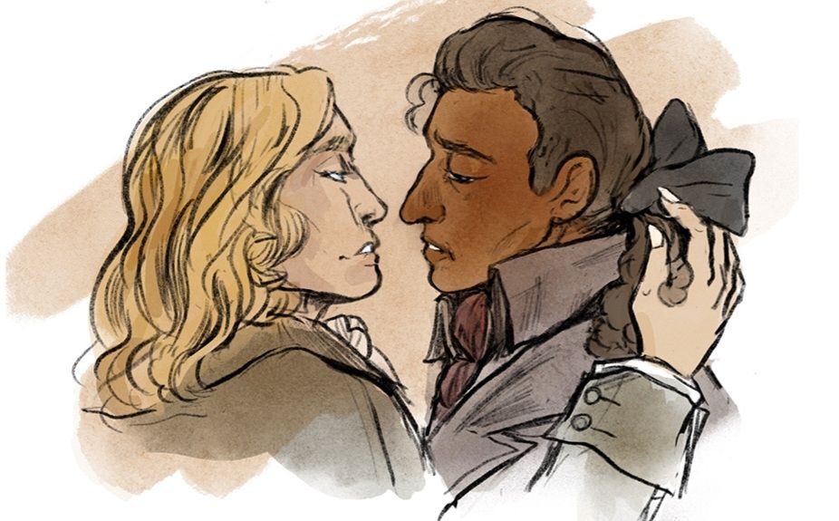 lestat and armand in an almost kiss. they are in 1700s clothing, and lestat is stroking armand hairbow and hair. armands expression is full on yearning 