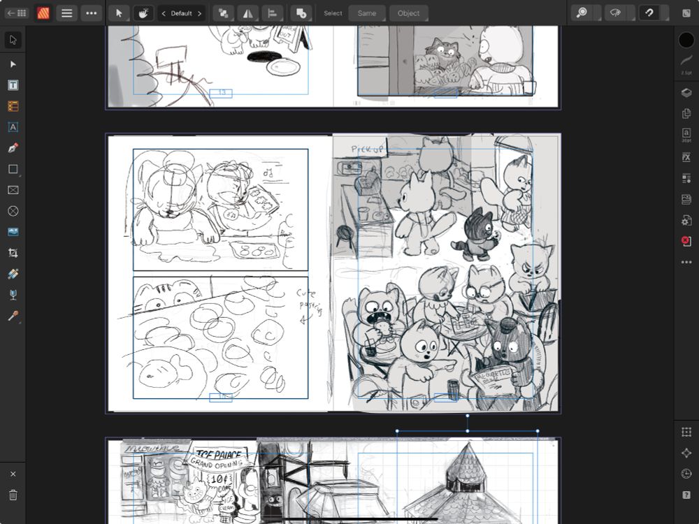 screenshot of a book dummy file, wip illustrations of anthropomorphic cats in a cafe