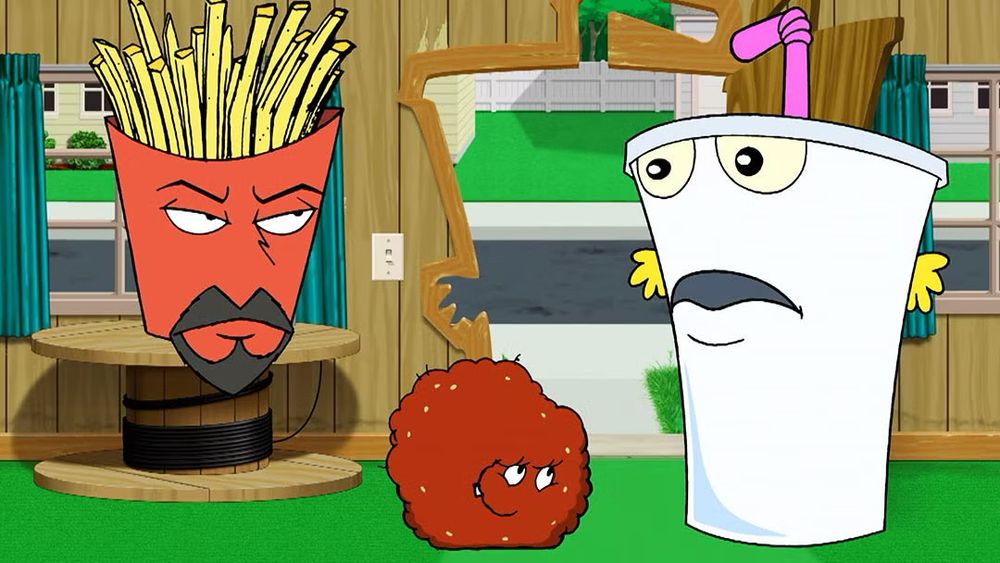 It's the Aqua Teen Hunger Force. Frylock is a floating box of French fries. Meatwad is a hunk of meat. Master Shake is an oversized cup of weird fluids.  At the beginning of that show's run, they were technically private detectives.