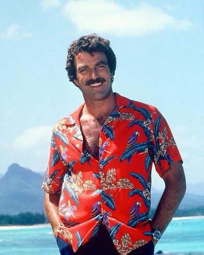 Tom Selleck is Tom Magnum, also known as Magnum P.I.

He's an attractive man with a mustache wearing a red shirt with parrots all over it. He's standing on a beach on one of the islands of Hawaii. 