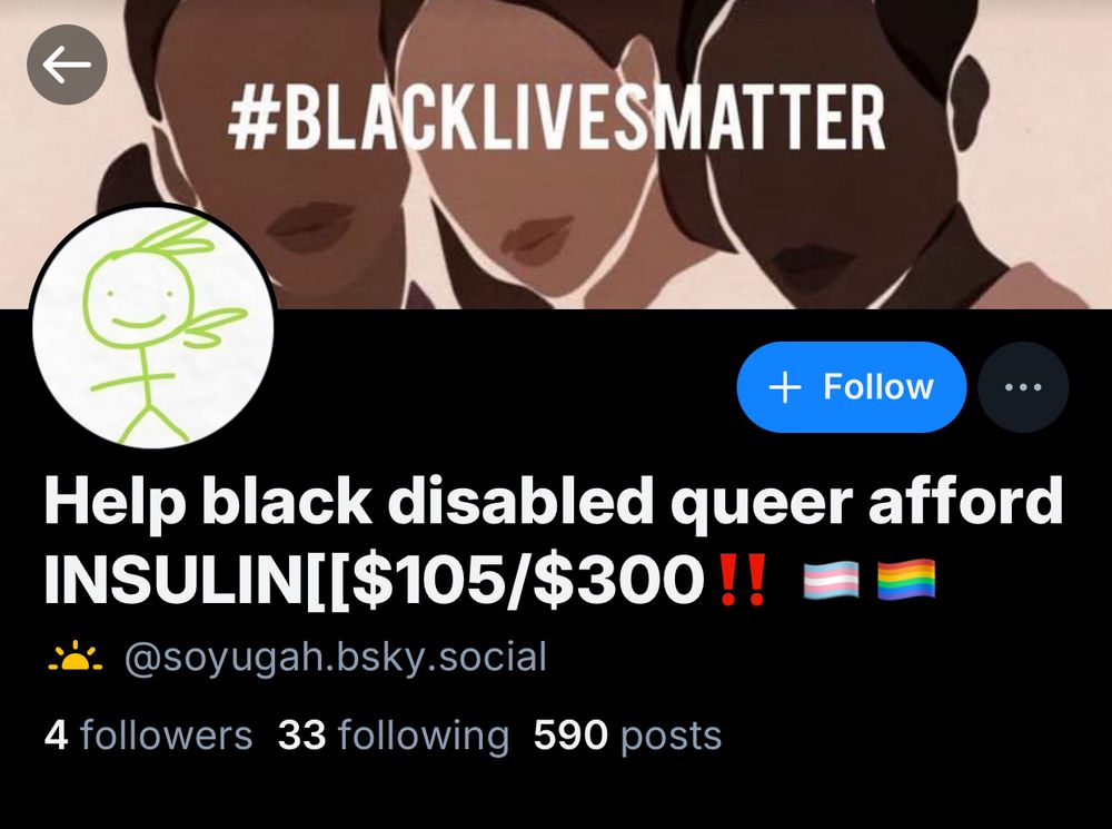 Screencap of the profile header for a scammer with a #BLACKLIVESMATTER banner and a profile name of "Help black disabled queer afford INSULIN" with a bracket and $105/$300 and no closing bracket, because they never put the closer and it's always fucking $300.