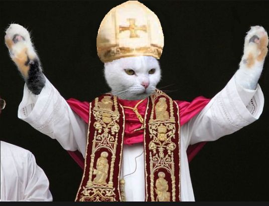 katze mit papst outfit mit erhpobenen "händen" beim segen verteilen, KI generiert wohl