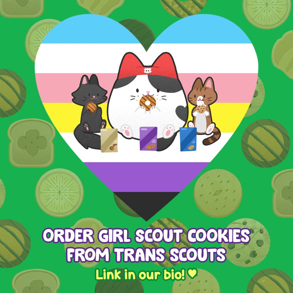Our three cats, Luna, Oreo, & Molly eating their favorite Girl Scout cookies inside a trans non-binary heart shape. In the background are illustrated cookies and at the bottom reads: "Order Girl Scout Cookies from trans scouts. Link in our bio! <3"