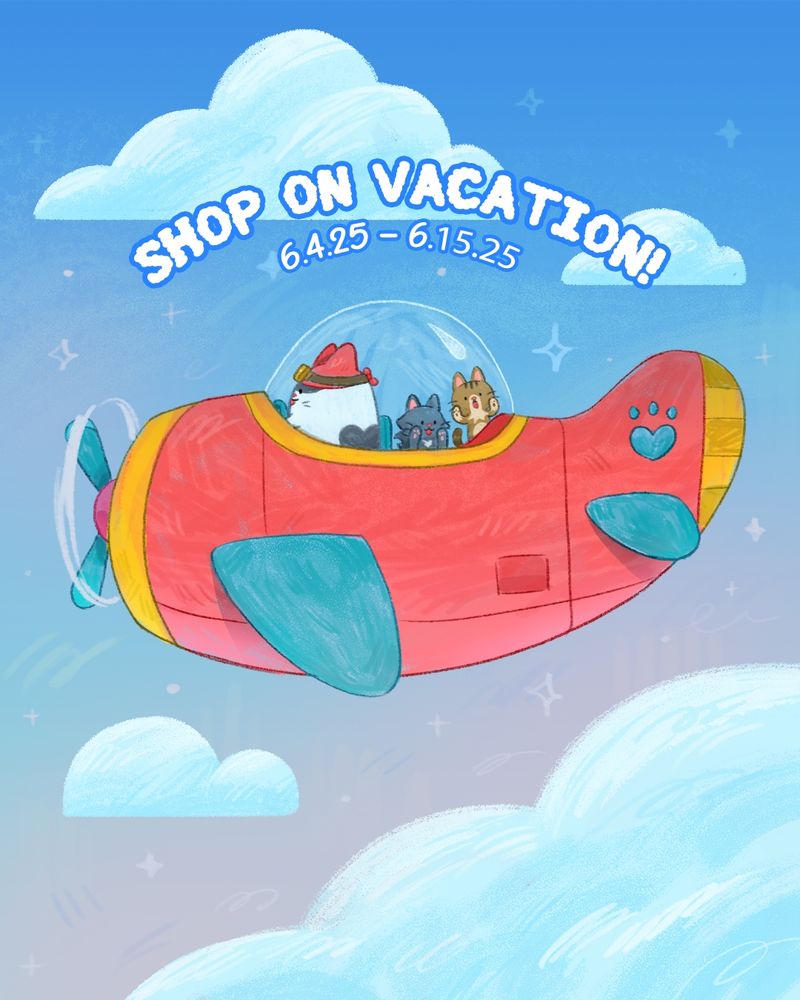 Our cats, Oreo, Luna, & Molly flying a red plane over a pastel pink and blue starry sky- they're on their next vacation adventure! 