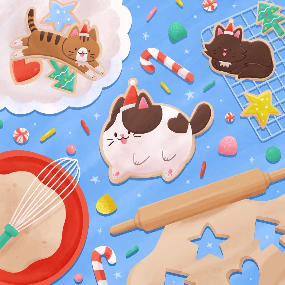 A colorful table of cat shaped holiday cookies, sprinkles, decorative candy, and baking supplies 🎄🍪