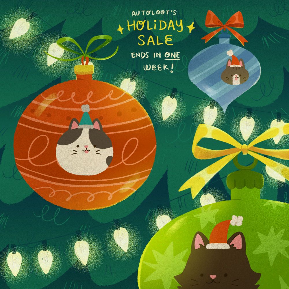 Adorable holiday kitty ornaments on a tree and text stating our Etsy holiday sale ends in one week!