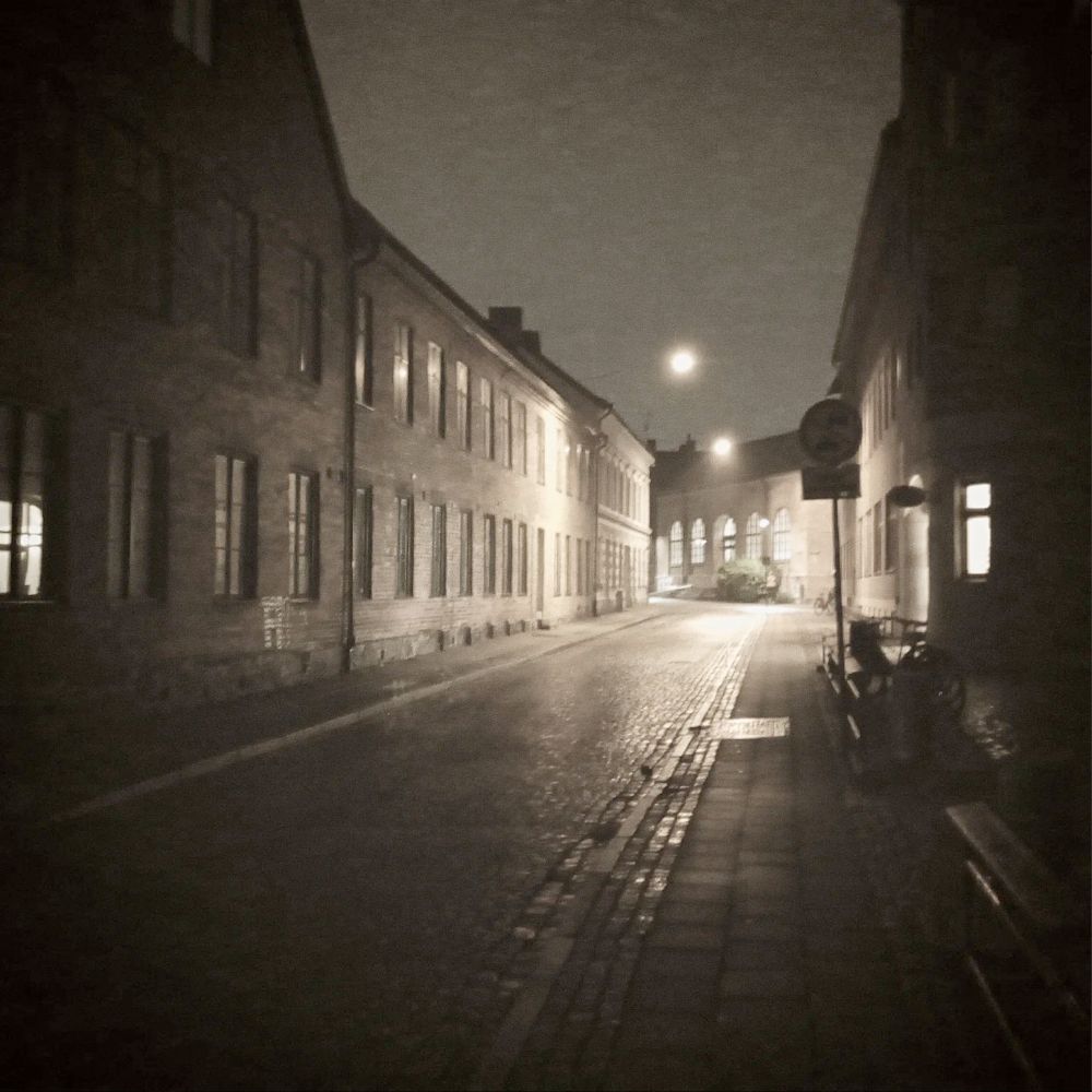 Almost black-and-white image of cobblestone street in Lund.