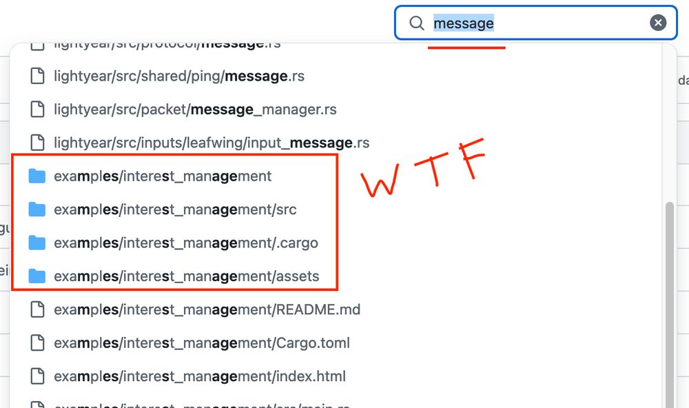 I searched for "messages", and it returned "examples/interest_management" which contains some of the letters from "message" in the correct order..