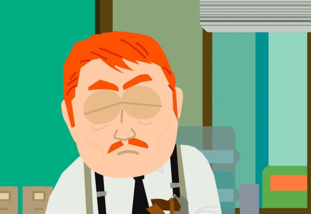 a cartoon of a man with red hair and a mustache wearing suspenders