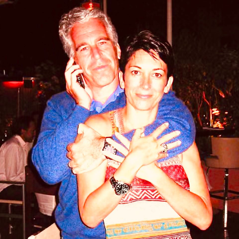 Epstein and Maxwell in a similar pose to the CEO/HR affair couple, but with the exposure and brightness cranked to make the image similarly shitty.