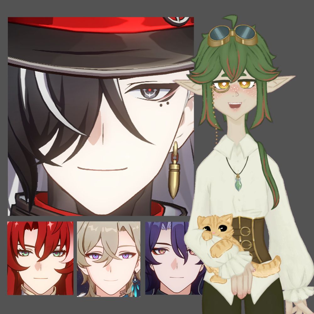 wtf is this thumbnail...

elf with green hair, goggles and the pointiest ears youve ever seen with a white shirt, brown corset. hes holding his orange cat and smiling, in the background there is pictures of honkai star rail men. why did i create this abomination.