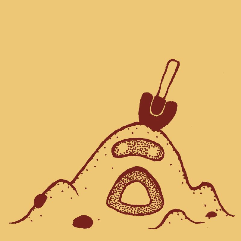 Two-tone drawing of the Pokemon Sandygast, with reddish-brown lines on an off-white background and stippling used to emulate the texture of sand.