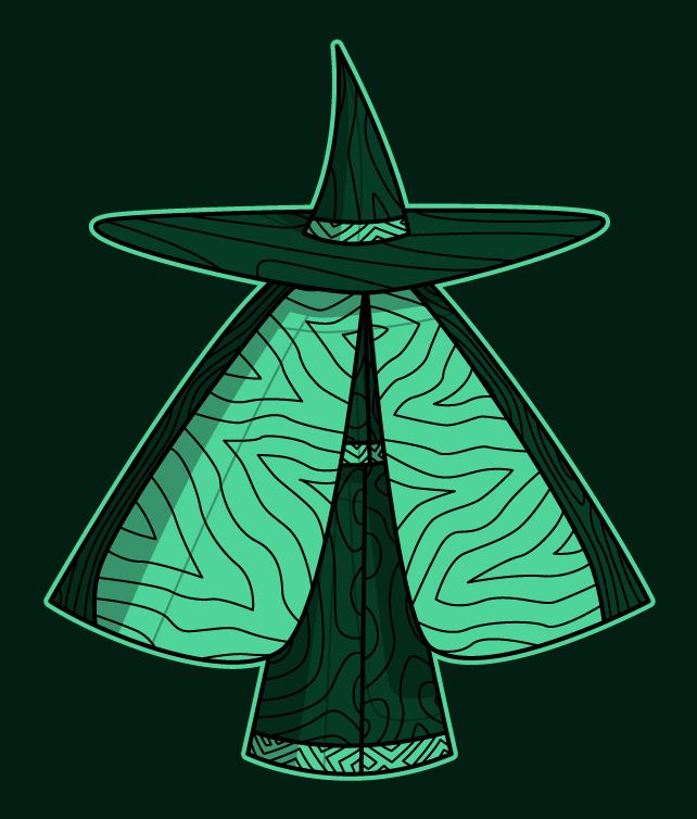 Wizard in a blue-green hat and robe, with a lighter shade on the cloak worn over the robe. The cloak is drawn in such a way as to evoke the closed wings of a moth or butterfly.