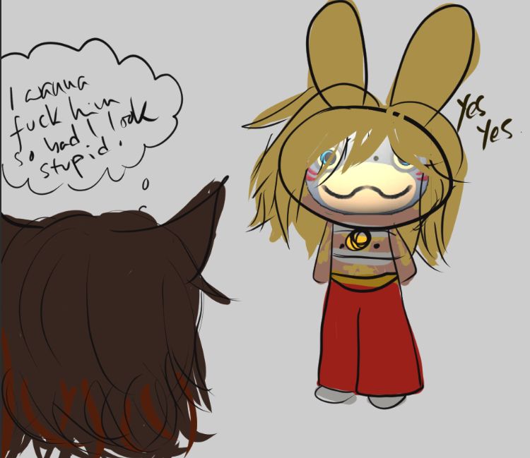 Cartoon Steak stares at Cartoon Lejo in his slutty namazu costume, thinking 'I wanna fuck him so bad I look stupid'. Lejo stares blankly from behind his mask, saying 'yes yes'