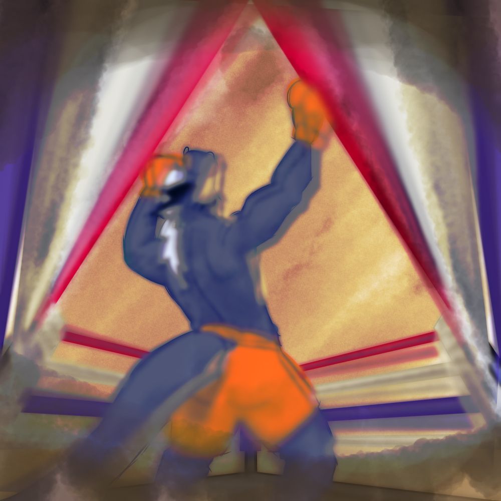 Point of view from below (kinda) watercolor style digital art piece of an anthro blue dragon facing mostly away from the viewer in orange boxing gear standing in a boxing ring and making a victorious pose. The image is very blurry, gets considerably darker around the edges, and is doubled with a slight offset to create the effect of the viewer having been punched in the face many times until they fell down and are having trouble seeing. The background is a sunset with clouds forming neat bands of  yellow and orange.