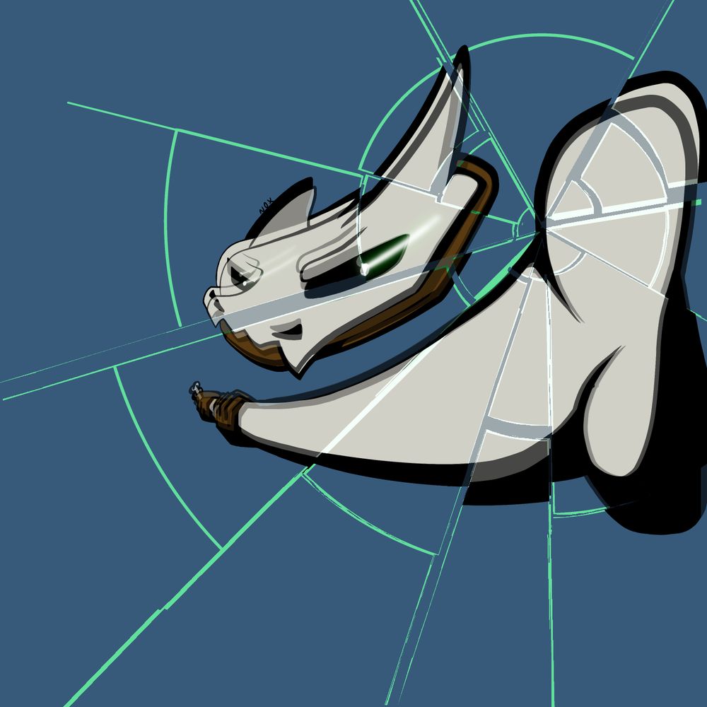 A digital drawing of a character wearing a dragon skull looking helmet is swinging a large bone club towards the viewer. It looks like she has hit the screen and glass is shattering resulting in distorted reflections.