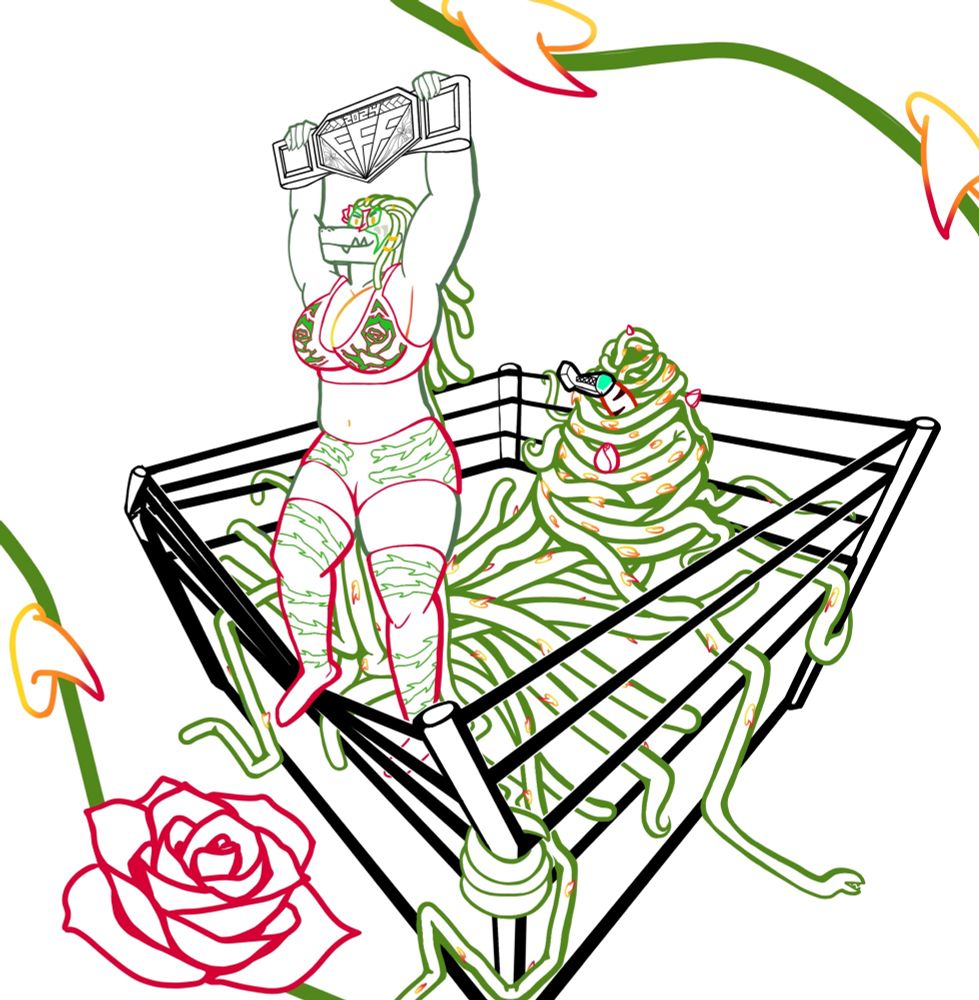 Pro wrestler Via Llante soundly defeated Nox with her multitude of thorny vines and immense size. She proudly holds up the championship belt!