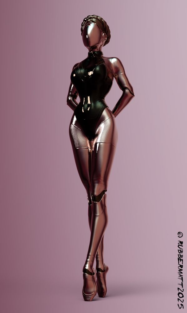 3D render of one of the robot ballerina twins from the game Atomic Heart, with a golden hue.
