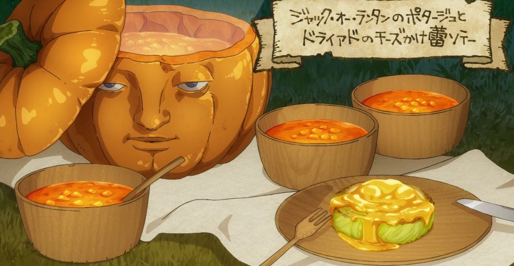 Delicious in Dungeon’s pumpkin potage served in the pumpkin headed dryad gourd which has a serene human-like expression