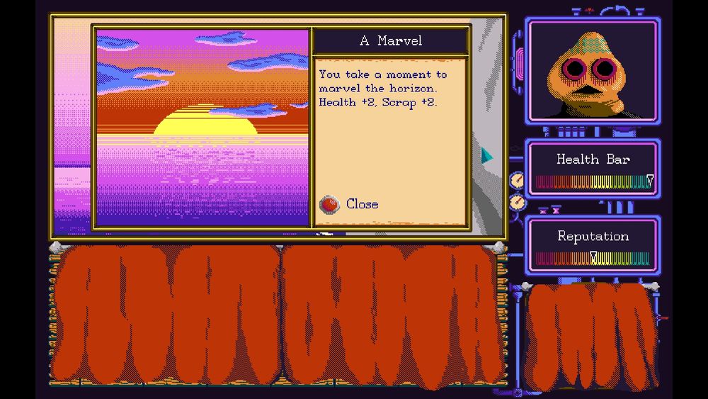 A red-purple sunset. You gain health points while gazing at the calming scene.