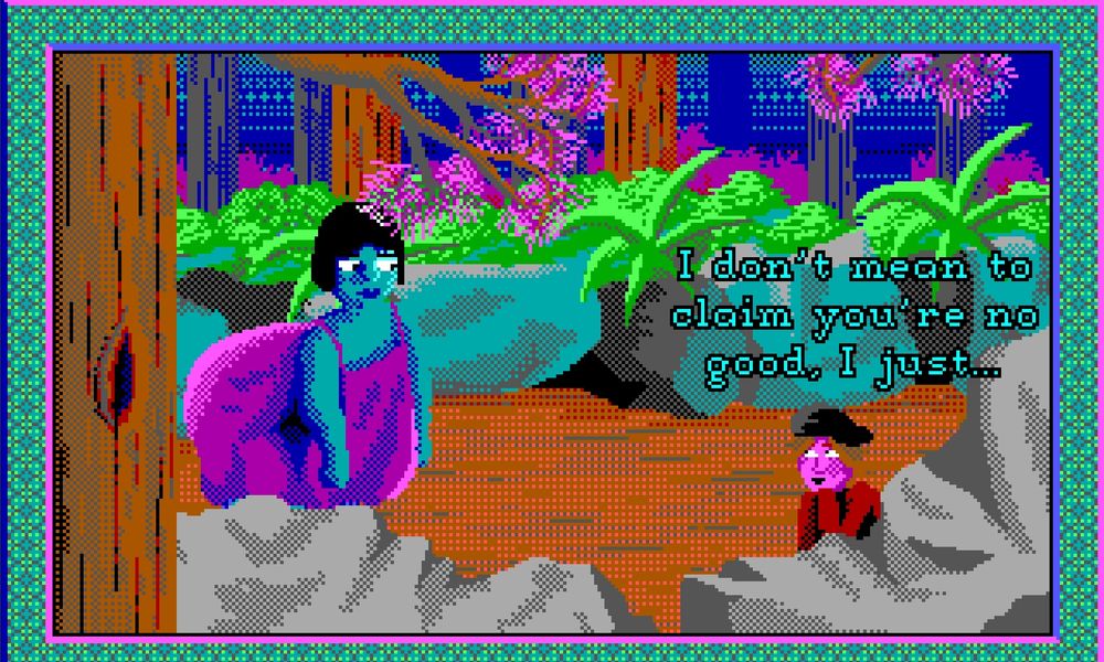 A scene from a date in a calm opening in the woods. A floating woman meets a young romantic. It went horribly.