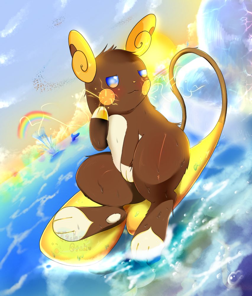 the pokemon, Alolan Raichu of the shiny variety, sitting on their tail while out at sea.