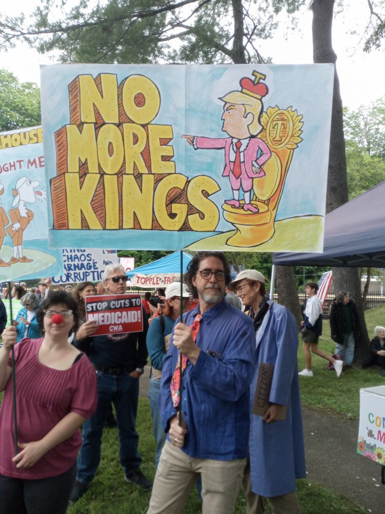 Caricature of Trump standing on a golden toilet, with the words "No More Kings"