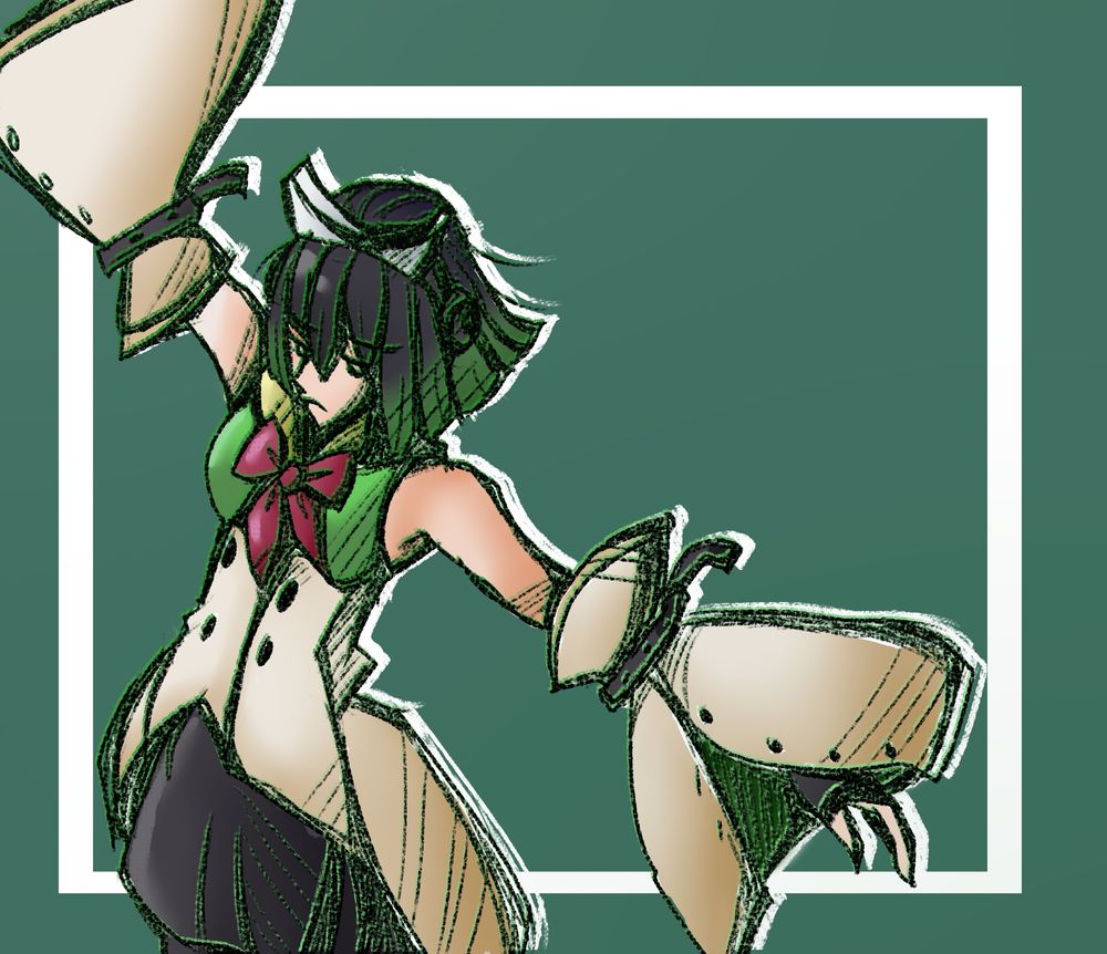Drawing of the Synth V vocal, Kyomachi Seika on a green background.