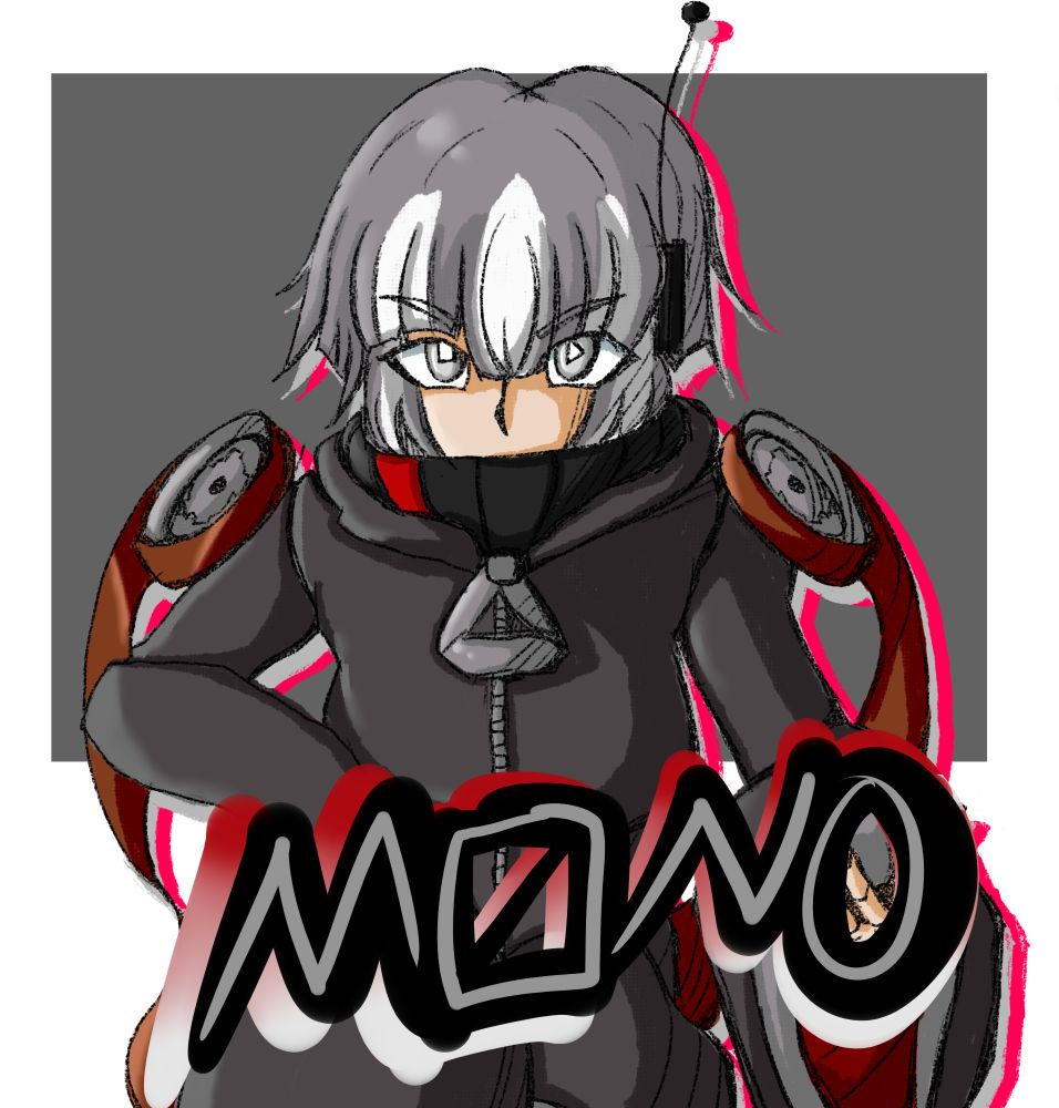 Drawing of a robot girl with long hoodie and turtle neck, grey hair, and cassette theme with the words "M0NO"