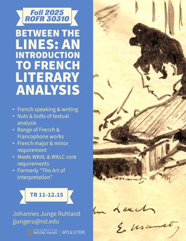 Poster for a course titled "Between the Lines: Introduction to French Literary Analysis," with an ink drawing by Edouard Manet of a woman writing.