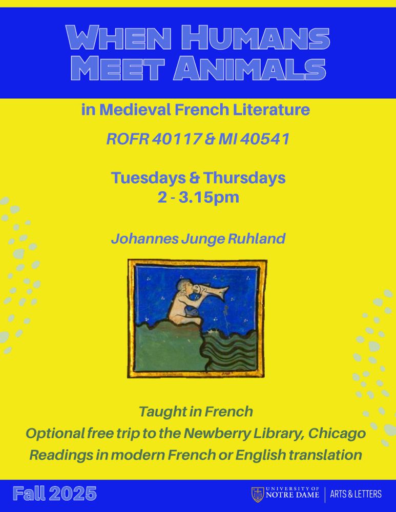 Poster for a course titled "When Humans Meet Animals in Medieval French Literature," including a manuscript illumination of a human eating/kissing a fish (technically a "pirolopus").