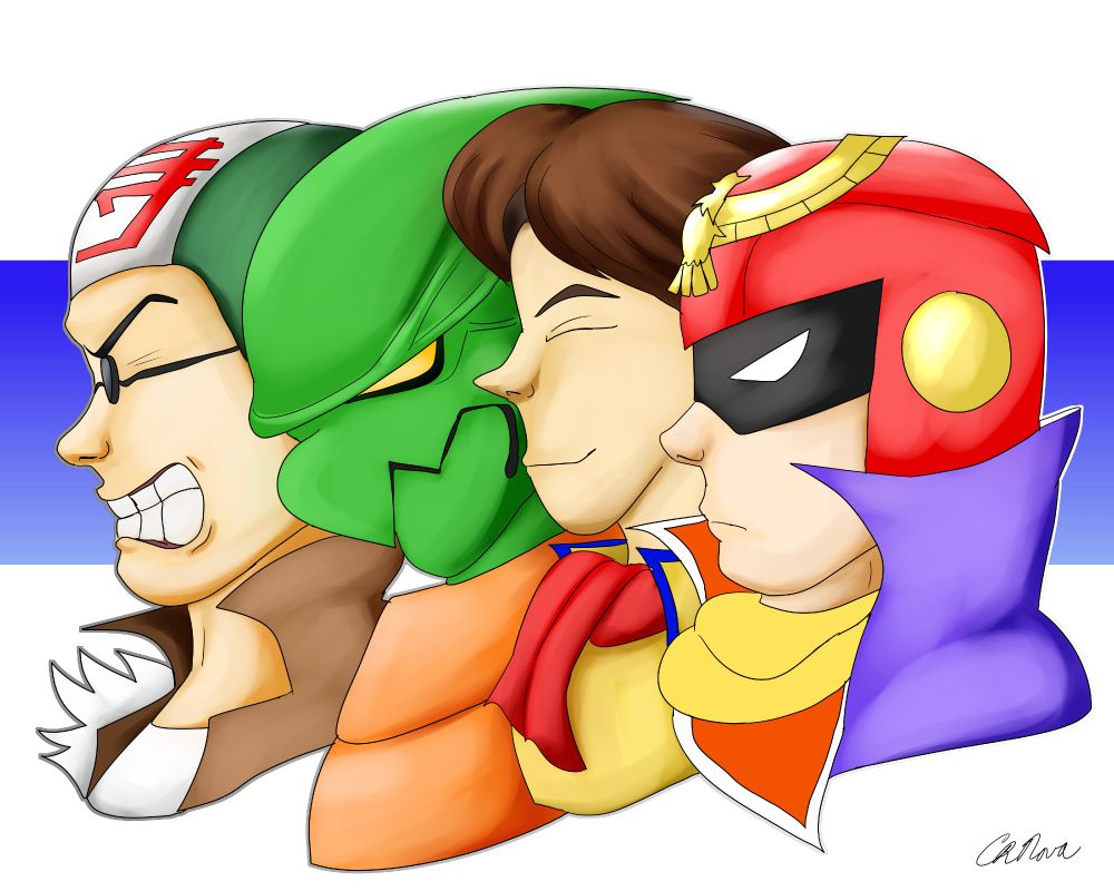 An image with side profiles of the original four F-Zero Pilots, but based on their modern looks. From left to right, Samurai Goroh, Pico, Dr. Stewart, and Captain Falcon.
