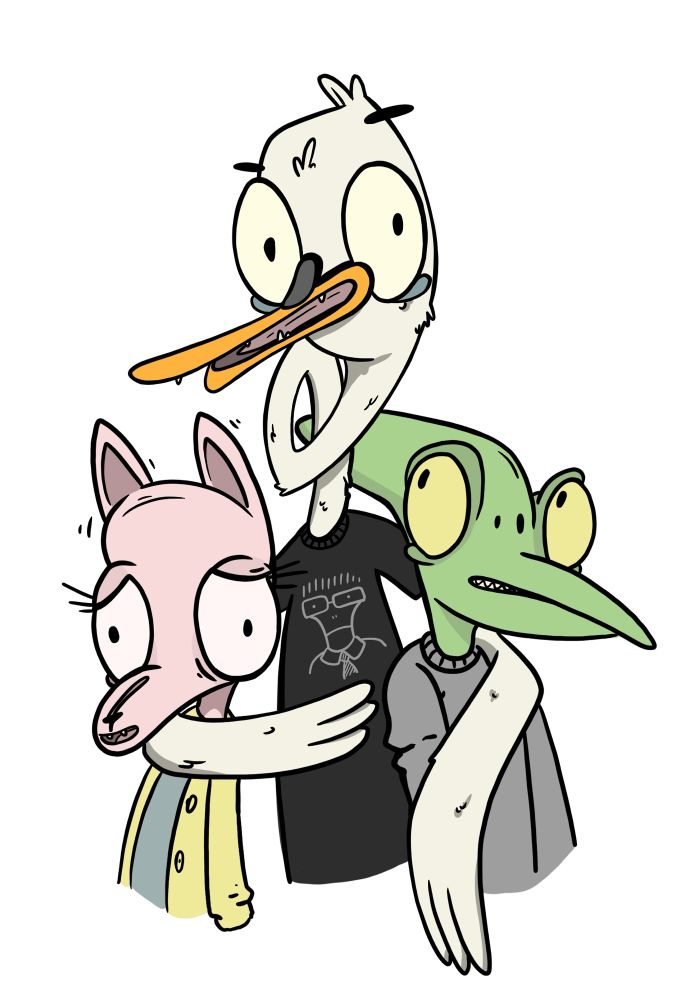 A nervous cat (half-Italian) and a chameleon hang out with their bird friend, the titular “Swan Boy” 