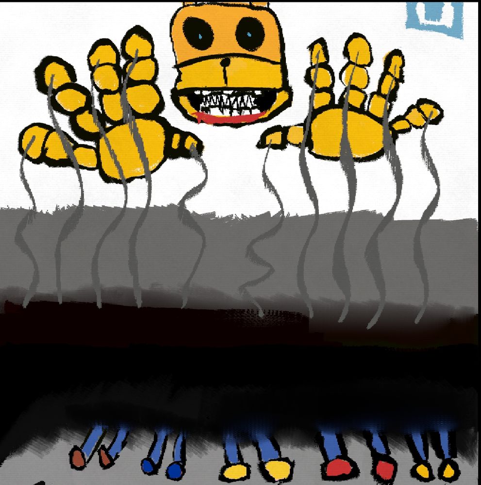 A yellow rabbit creature with 1 set of regular teeth and a separate pair of sharp teeth looms over a darkened scene with his five fingered, segmented hands and puppet strings attached to each finger. Below the darkness is a floor with five pairs of legs, gone limp, wearing different colored shoes. The first one is brown, the second is blue, the third is yellow, the fourth is red, and the fifth is golden.

This is meant to represent the Missing Childrens' Incident of the games, with shoes corresponding to the color of the characters they'd soon become