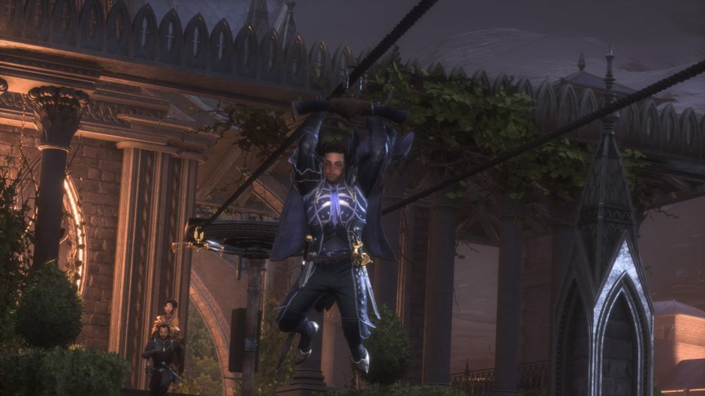 Dragon Age: The Veilguard screenshot.

Bearded person with short hair and armour on a zip line.