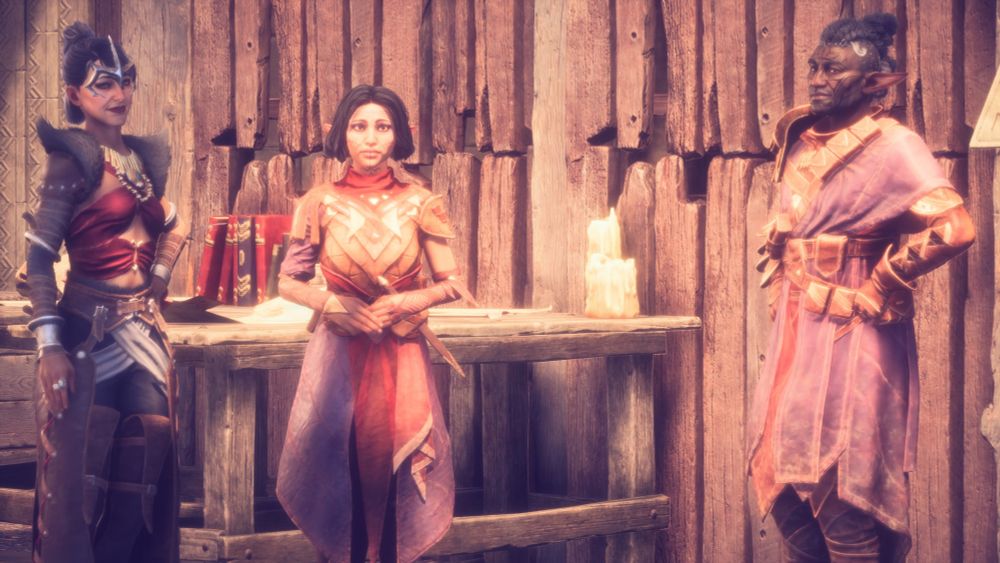 Dragon Age: The Veilguard screenshot.

A witch with two elves stood in front of a wooden wall with a table.